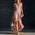 Elegant pink sleeveless V-neck cotton linen maxi dress with ruffle high-low hem design - S / Single Item / Pink