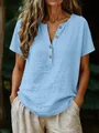 Light blue casual cotton linen short sleeve V-neck button-up top for women fit look - S / Tops / Light Blue