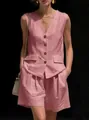 Gedetailleerd overzicht van een elegante roze katoen linnen vest en short set - S / Top En Bottom (2552) / Roze
