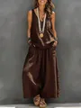 Women's solid brown cotton linen sleeveless top and wide-leg pants set style detail - Dark Brown