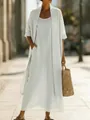 Close-up detail of a minimalist white cotton linen two-piece maxi dress set with cardigan - S / Top And Bottom / White