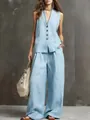 Elegant light blue cotton linen two-piece set with sleeveless vest and wide-leg pants - S / Top And Bottom / Light Blue