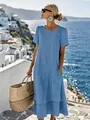 Blue double-layered short-sleeved vacation dress with round neck and convenient side pockets - S / Sky Blue