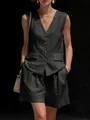 Elegante dames set van katoen linnen vest en korte broek in donkergrijs mode stijl - S / Top En Bottom (2552) / Zwart