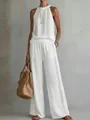 Detail of white hollow lace sleeveless top and wide-leg pants set for women - White