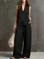 Full view of women's black cotton linen two-piece set with vest and wide-leg pants - S / Top And Bottom / Black