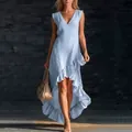 Light blue sleeveless V-neck ruffled high-low linen maxi dress for women - S / Single Item / Light Blue