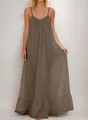 Detailed view of a coffee brown spaghetti strap maxi dress with elegant ruffled hemline - S / Tops / Brown