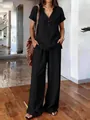 Γυναικείο casual σετ δύο τεμαχίων με μπλούζα με λαιμόκοψη V και φαρδιά παντελόνα. - S / Τοπ Και Παντελόνι / Μαύρο