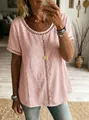 Detail of pink women's summer top featuring delicate hollow-out lace embroidery - S / Tops / Pink