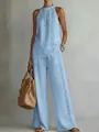 Full view of blue sleeveless top and wide-leg pants set with lace embroidery detail - S / Top And Bottom / Light Blue