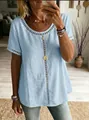 Detail shot of light blue casual top with intricate eyelet lace trim and hollow design - S / Tops / Sky Blue