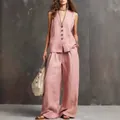 Pink linen-cotton two-piece set with sleeveless vest and wide-leg trousers for women - S / Top And Bottom / Pink