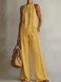 Full view detail of mustard yellow linen set with vertical eyelet lace embroidery - Yellow
