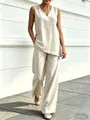 Elegant women's sleeveless V-neck linen top and wide-leg pants two-piece set in beige - S / Top And Bottom / Apricot