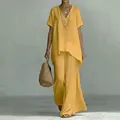Stylish yellow two-piece outfit with V-neck short sleeve top and wide leg pants - Yellow