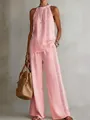 Vintage pink two-piece set featuring lace trim sleeveless top and wide-leg pants - S / Top And Bottom / Pink