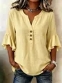 Detailed view of yellow v-neck cotton linen blouse with ruffle sleeves and buttons - 3XL / Tops / Yellow