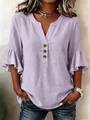 Elegant close-up of women's lavender V-neck cotton linen top with stylish ruffle sleeves - 3XL / Tops / Light Purple