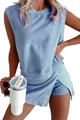 Casual women's summer cotton sleeveless top and wrap shorts set in light blue - S / Top And Bottom / Sky Blue