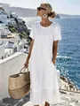 Elegant white double-layered linen dress with crewneck perfect for summer beach vacation - S / White