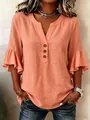 Close-up of coral V-neck linen top with elegant ruffle sleeves and button detail - 3XL / Tops / Orange Red