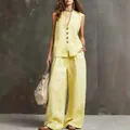 Pale yellow cotton linen two-piece set with sleeveless vest and wide-leg pants - Yellow