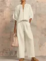 Elegante witte linnen tweedelige set met top met rits en broek met wijde pijpen voor dames - XS / Boven- En Onderstuk / Abrikoos