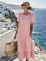 Elegant pink double-layered round neck short sleeve midi holiday dress for women - S / Pink
