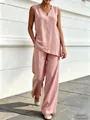 Elegant pink women's two-piece set featuring V-neck sleeveless linen top and wide-leg pants - Pink