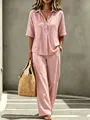 Casual women's pink two-piece set featuring short-sleeve polo top and wide-leg trousers - S / Top And Bottom / Pink