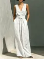 Elegant white linen-style two-piece set featuring sleeveless top and wide-leg trousers - S / Top And Bottom / White