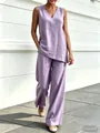 Elegant lavender cotton linen two-piece set with V-neck sleeveless top and wide-leg pants - Light Purple