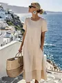 Beige double-layer short sleeve maxi dress for women on summer resort vacation - S / Apricot