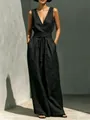 Elegant black linen sleeveless V-neck top and high-waisted wide-leg pants fashion summer set - S / Top And Bottom / Black