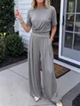 Women's casual grey two-piece set with a short-sleeved top and flowy wide-leg pants - S / Top And Bottom / Gray