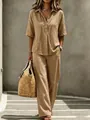Women's two-piece casual set featuring a loose Polo collar top and wide-leg trousers. - S / Top And Bottom / Khaki