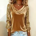 Macro view showing the contrast between soft gold velvet and sparkling sequin sleeves - 3XL / Tops / Gold