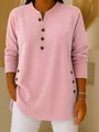 Close-up of pink long sleeve knit top with decorative side buttons and V-neck. - S / Tops / Pink