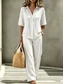 Casual witte linnen tweedelige set met korte mouwen polo top en wijde pijpen broek - Wit