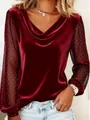 Detailed view of women's burgundy velvet top with elegant sheer mesh rhinestone sleeves - S / Tops / Red