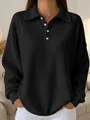 Detail view of women's black waffle knit polo shirt with long sleeves and buttons - S / Tops / Black