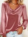 Close-up detail of a pink velvet V-neck blouse featuring sheer mesh polka dot sleeves - S / Tops / Pink