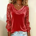 Detail view of stylish red velvet cowl neck top with shimmering sequin long sleeves - S / Red