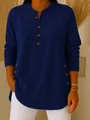 Close-up detail of navy blue knitted long sleeve top featuring decorative buttons - Navy Blue