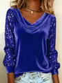 Elegant royal blue velvet cowl neck top with sequined sleeves for women's fashion - S / Tops / Blue