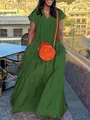 Detailed view of women's green V-neck short sleeve tiered maxi summer dress - S / Bottoms / Green