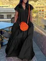 Elegant black plus size maxi dress with short sleeves and deep V-neckline. - S / Bottoms / Black