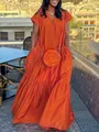 Elegant orange plus size summer maxi dress with V-neck short sleeves and tiered skirt - S / Bottoms / Orange Red