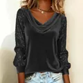 Elegant black velvet long sleeve top with cowl neck and sequined sleeves for women - S / Black